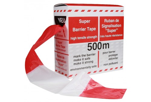 Afzetlint rood-wit diagonaal gestreept 75 mm breed L=500 meter 